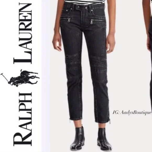 Polo Ralph Lauren Moto Jeans Black Ankle Cropped Size 26R New w/Tag